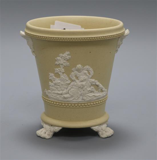 A Wedgwood style three footed vase with classical scenes height 12cm